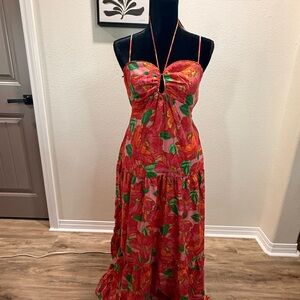 Crystal Doll Red Floral Halter Maxi Dress with Green Leaf Print